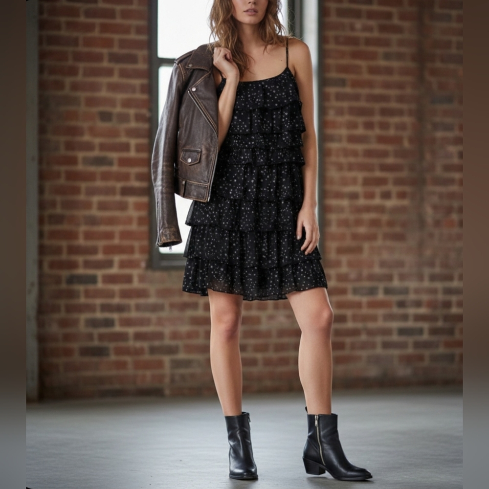 I Code By IKKS Elegant Black With White Star Ruffle Dress, Size 38